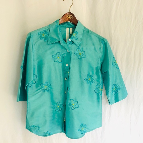 Debra Deroo Silk Turquoise Floral Jacket/Blouse - Picture 2 of 5